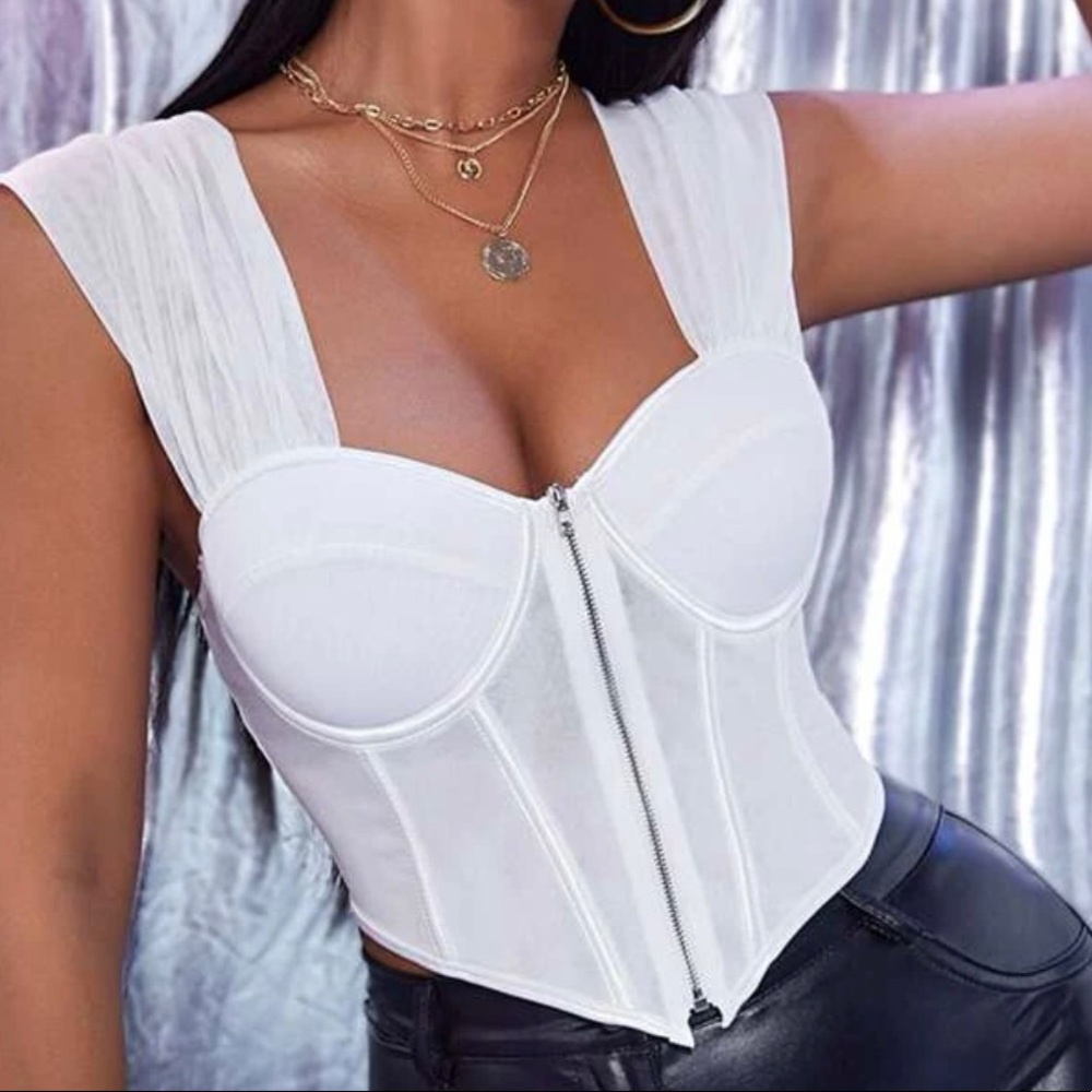 Zip up asymmetrical hem mesh tank top